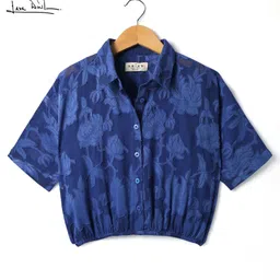 arias by lara dutta Arias Jacquard Dobby Woven Three Fourth Sleeves Top & Inner Tee with Floral Design - Blue image 2