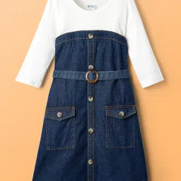 Hola Bonita Cotton Woven Full Sleeves Denim Frock With Belt - White & Blue image 2