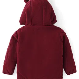 Babyhug Knit Full Sleeves Hooded Front Open Sweater with Cable Knit Design & Ear Applique - Maroon image 2
