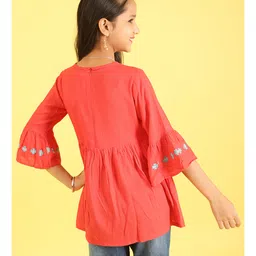 ISHTI Woven Three Fourth Sleeves Floral Embroidered & Beads Embellished Top - Tomato image 3