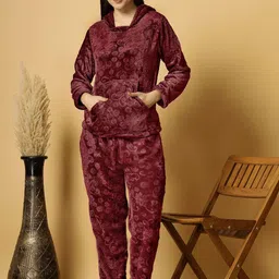 FABINALIV Women Floral Woollen Embossed Hooded Night Suit-image-57
