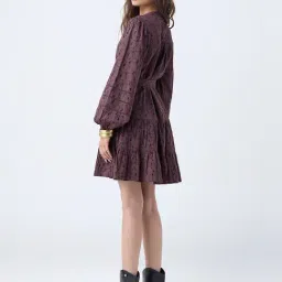 LOV by Westside Dark Brown Schiffli Cotton Tiered Dress with Belt image 2