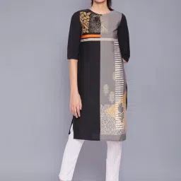 W Black & Grey Floral Print Straight Kurta image 1
