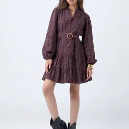 LOV by Westside Dark Brown Schiffli Cotton Tiered Dress with Belt image 3