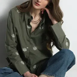 Vero Moda Olive Cotton Embroidered Shirt-image-70
