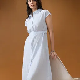 Globus Women Cotton Blue Shirt Collar Extended Sleeves Striped Midi Shirt Dress With Belt-image-69