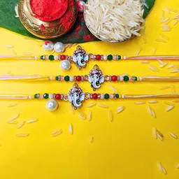 MANSIYAORANGE Set Of 3 AD Stones Studded & Beaded Cotton Thread Rakhi-picture-18
