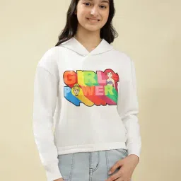 Lil Tomatoes Girls White Regular Fit Printed Hoodie-image-0