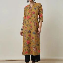 Soch Mustard Linen Floral Print Straight Kurta-picture-31