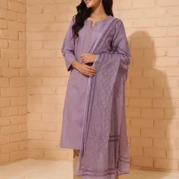 Fabindia Purple Cotton Printed Straight Kurta With Dupatta image 3