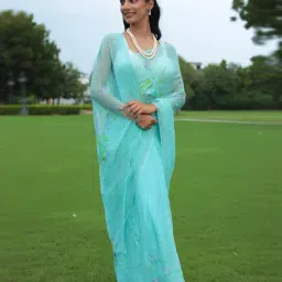 Zari Jaipur Blue Chiffon Embroidered Saree With Unstitched Blouse Piece image 3