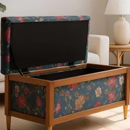GLOBALLY INDIAN Turquoise Blue & Pink Printed Wooden 2-Seater Rectangle Ottoman-picture-18