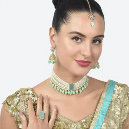 Zaveri Pearls Green Stones Beads Multistrand Necklace Earring Ring & Maangtikka Set-ZPFK15353-image-47