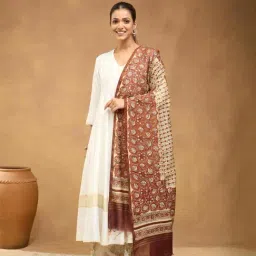 Fabindia Women Brown Floral Print Cotton Silk Blend Dupatta-picture-20