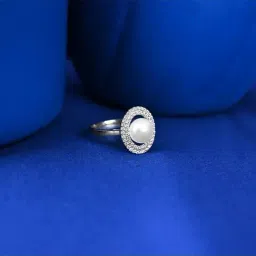 Clara 925 Silver Platinum Plated Swiss Zircon Fiore Real Pearl Adjustable Finger Ring for Women-image-5