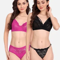 fims FIMS: Fashion is my Style Black & Pink Lace Work Lingerie Set - Pack Of 2-picture-42