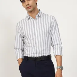 Andamen Grey Cotton Slim Fit Striped Shirt-image-7