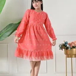 Bella Moda Girls Peach Cotton Embroidered Dress-image-81