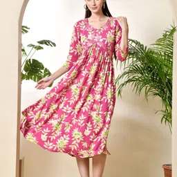 Dipani Floral Printed V-Neck Embroidered Fit & Flare Midi Ethnic Dress-image-3