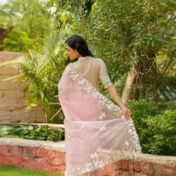 Zari Jaipur Pink Organza Embroidered Saree With Unstitched Blouse Piece image 2
