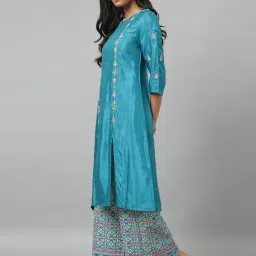 W Teal Blue Embroidered Straight Kurta image 4