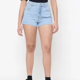 Guess Mom Blue Solid High Rise Regular Fit Denim Shorts-picture-48