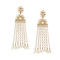 Zaveri Pearls White Kundan and Pearl Beaded Chain Fringe Long Drop Earrings image 3