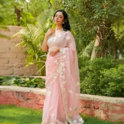 Zari Jaipur Pink Organza Embroidered Saree With Unstitched Blouse Piece image 5