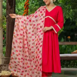 Rain and Rainbow Fuchsia Pink Embroidered Kurta Pant Set With Dupatta-picture-34