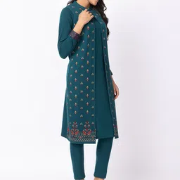 KEIKO Floral Printed Mandarin Collar Acrylic Straight Kurta with Trousers & Jacket image 3
