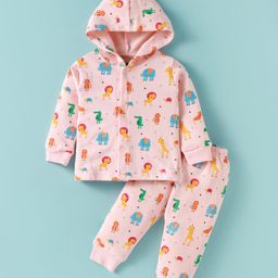 Simply Fleece Knit Full Sleeves Hooded Winter Night Suit with Animals Print - Baby Pink-picture-25