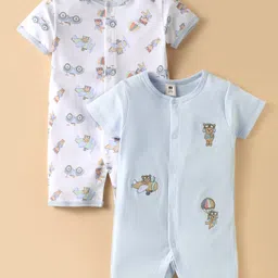 ToffyHouse Cotton Knit Half Sleeves Animal Printed & Embroidered Front Open Rompers Pack of 2 - White & Light Blue-picture-14