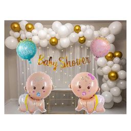 Bubble Trouble Baby Shower Backdrop LED Light Net Curtain Cursive Paper Banner Baby Foil Balloons Set 90 Pcs-picture-3