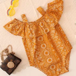 Qvink Cold Shoulder Abstract Printed Onesie - Mustard-picture-28