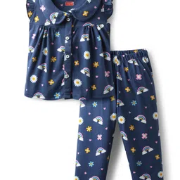 Babyhug Cotton Knit Frill Sleeves Co-ords Night Suit With Floral Print - Navy Blue-picture-35