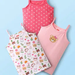 Babyhug 100% Cotton Knit Antibacterial Sleeveless Heart & Animal Printed Slips Pack of 3 - Pink & White-picture-18