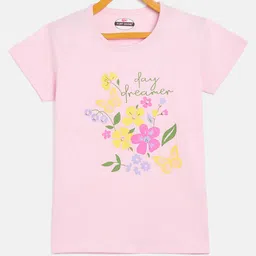 Fort Divine Cotton Lycra Knit Half Sleeves Floral Printed Tee - Light Pink-picture-16
