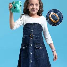 Hola Bonita Cotton Woven Full Sleeves Denim Frock With Belt - White & Blue-picture-15