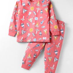 CUCUMBER Sinker Knit Full Sleeves Co-Ord Night Suit with Music Theme Print - Pink-picture-10