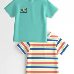 Nautinati Cotton Knit Pack Of 2 Half Sleeves Striped & Palm Trees Printed Tees - Green & Multi Colour-image-1
