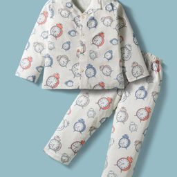 Zero Sinker Knit Full Sleeves Co-Ord Night Suit With Clock Print - Ivory-picture-48
