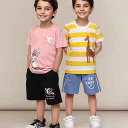 TOONYPORT Cotton Knit Pack Of 2 Half Sleeves Space Theme Printed & Striped Coordinating Tees & Shorts Set - Pink & Yellow-picture-39