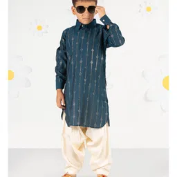 Vastramay Cotton Blend Woven Full Sleeves Ethnic Foil Printed Kurta Patiala Set - Turquoise-picture-14