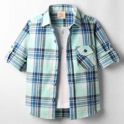 Rikidoos Full Sleeves Checked Shirt With Attached Tee - Sea Green & White-picture-35