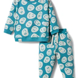 Ollypop Looper Knit Full Sleeves Co-ords Night Suit With Smiley Print - Light Blue-picture-26