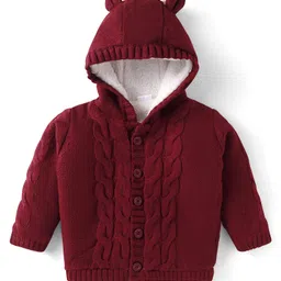 Babyhug Knit Full Sleeves Hooded Front Open Sweater with Cable Knit Design & Ear Applique - Maroon-picture-22