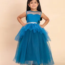 Toy Balloon Kids Net Woven Sleeveless Floral Applique Detailed & Sequins Embellished Layered Gown - Teal Blue-picture-29