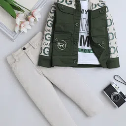 Fourfolds Cotton Blend Woven Full Sleeves Typography Printed Jacket & Trouser Set With Tee - Olive Green-picture-17