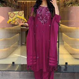 Anni Designer Embroidered Round Neck Thread Work Straight Kurta With Palazzos & Dupatta image 3