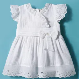 ToffyHouse Cotton Woven Frill Sleeves Solid Frock With Bow Applique & Bloomer - White image 2